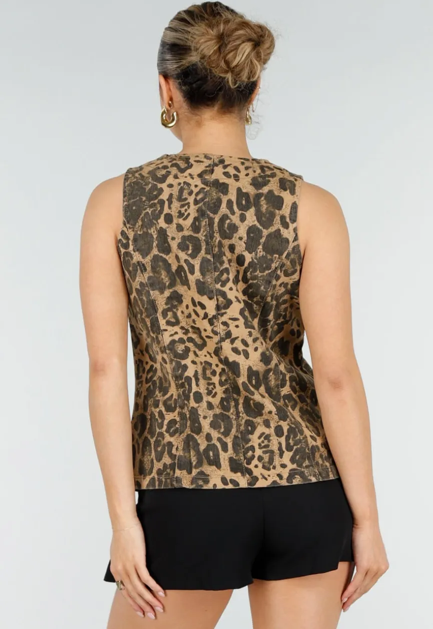 Bruine Denim Leopard Print Top met Striksluiting en Mouwloos Model