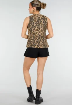 Bruine Denim Leopard Print Top met Striksluiting en Mouwloos Model