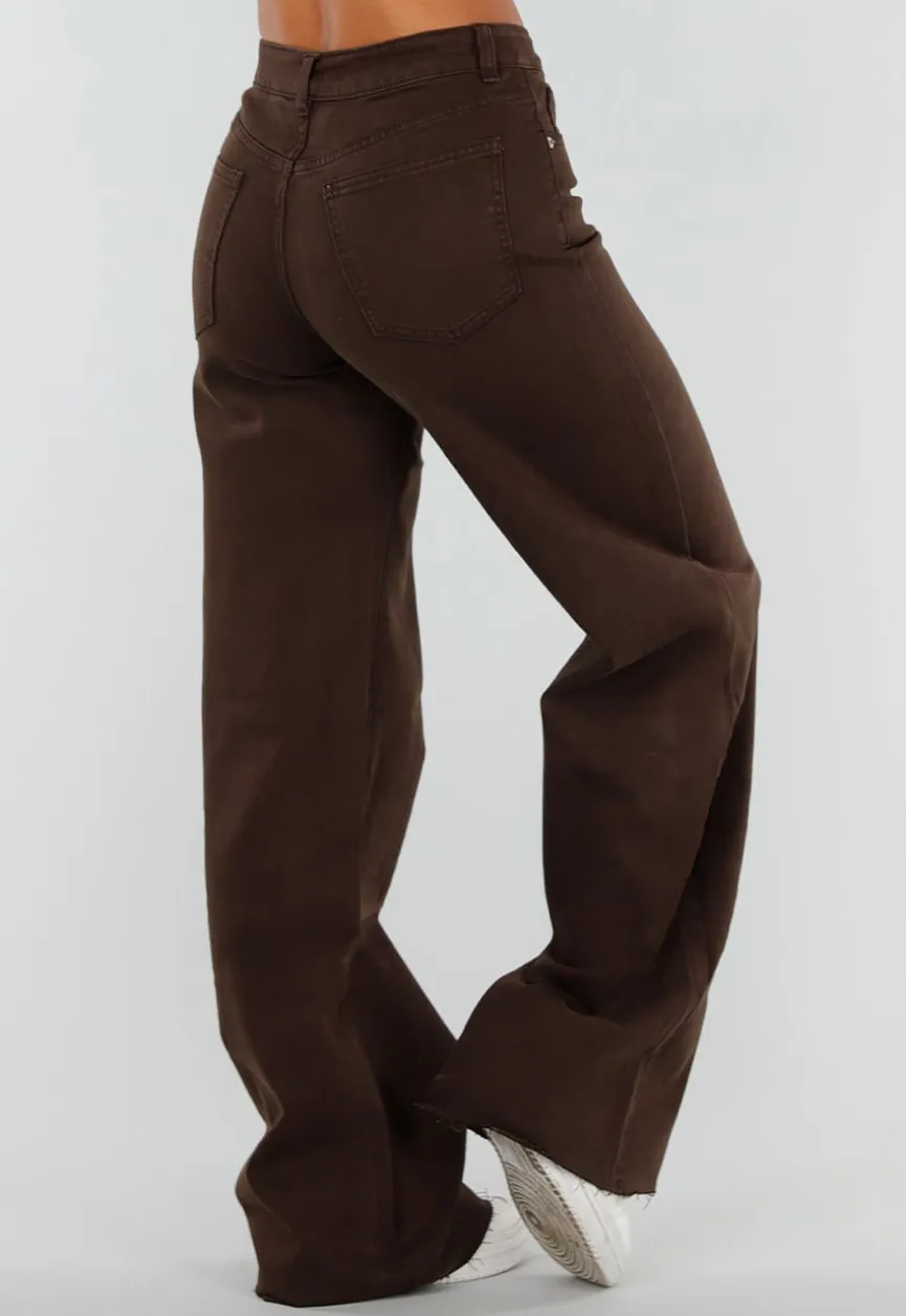 Bruine Denim Tall Jeans met Straight Leg, Hoge Taille en Lange Pijpen