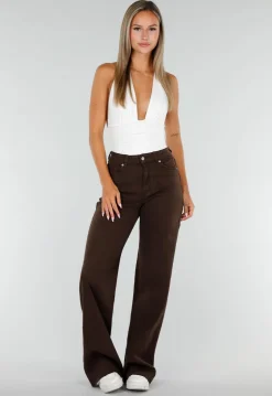 Bruine Denim Tall Jeans met Straight Leg, Hoge Taille en Lange Pijpen