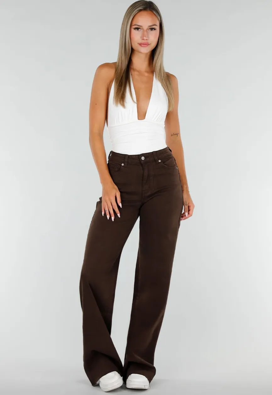 Bruine Denim Tall Jeans met Straight Leg, Hoge Taille en Lange Pijpen