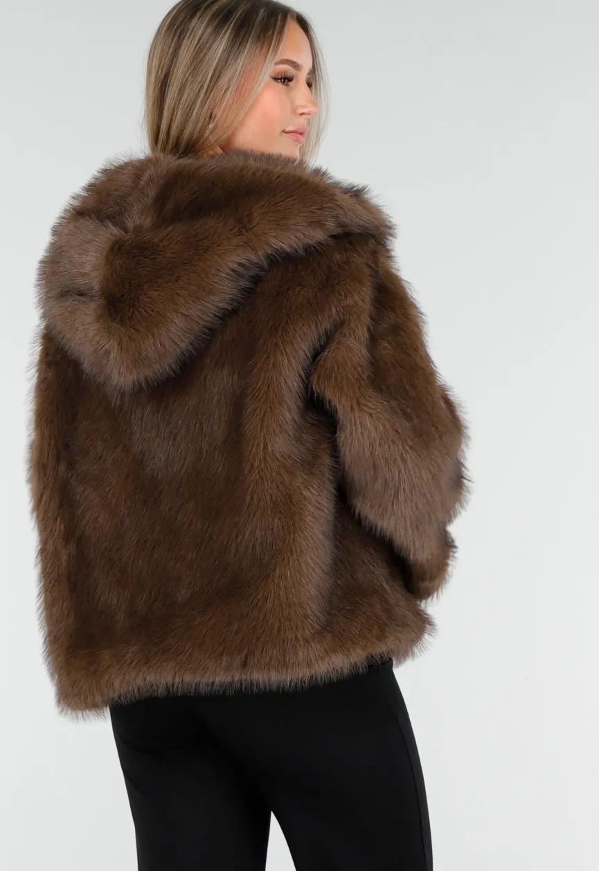 Bruine Faux Fur Jas met Capuchon