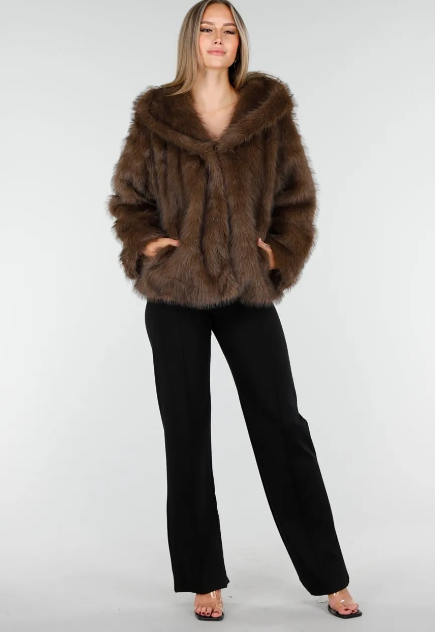 Bruine Faux Fur Jas met Capuchon