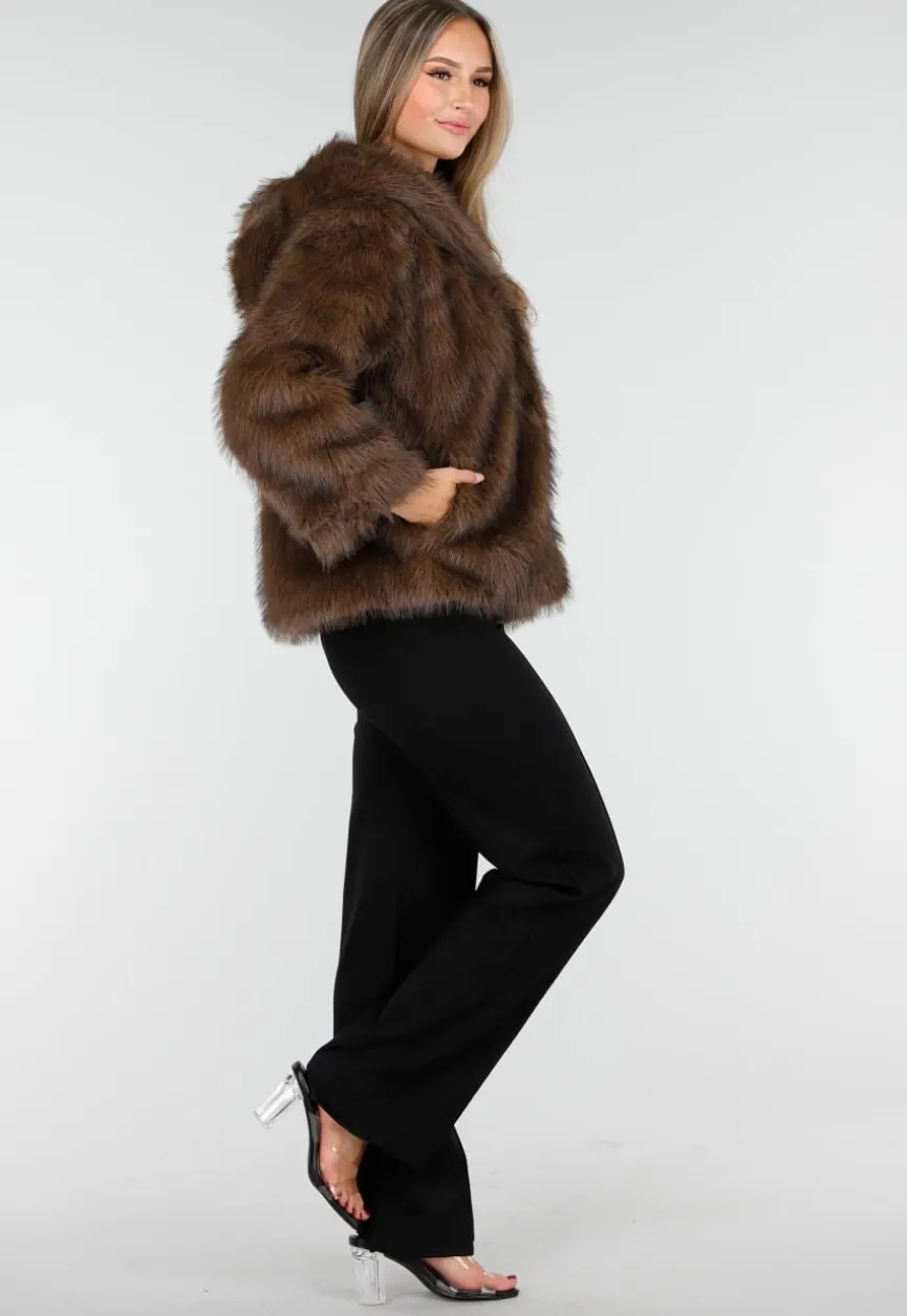 Bruine Faux Fur Jas met Capuchon