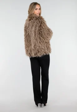 Bruine Fluffy Jas met Lange Haren en Losvallende Pasvorm