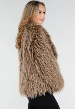 Bruine Fluffy Jas met Lange Haren en Losvallende Pasvorm
