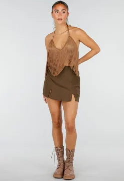 Bruine Fringe Haltertop met Open Rug