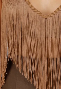 Bruine Fringe Haltertop met Open Rug