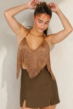 Bruine Fringe Haltertop met Open Rug