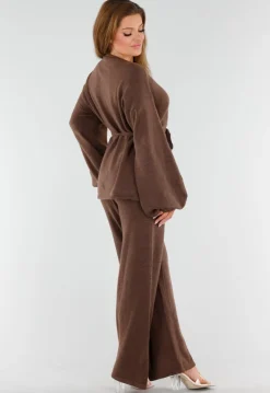 Bruine Gebreide Set met Overslag Top en Wijde Broek