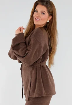 Bruine Gebreide Set met Overslag Top en Wijde Broek