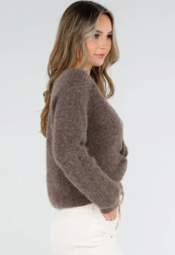 Bruine Gebreide Twist Crop Trui met Lange Mouwen en V-Hals