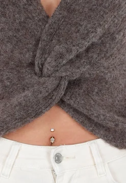 Bruine Gebreide Twist Crop Trui met Lange Mouwen en V-Hals