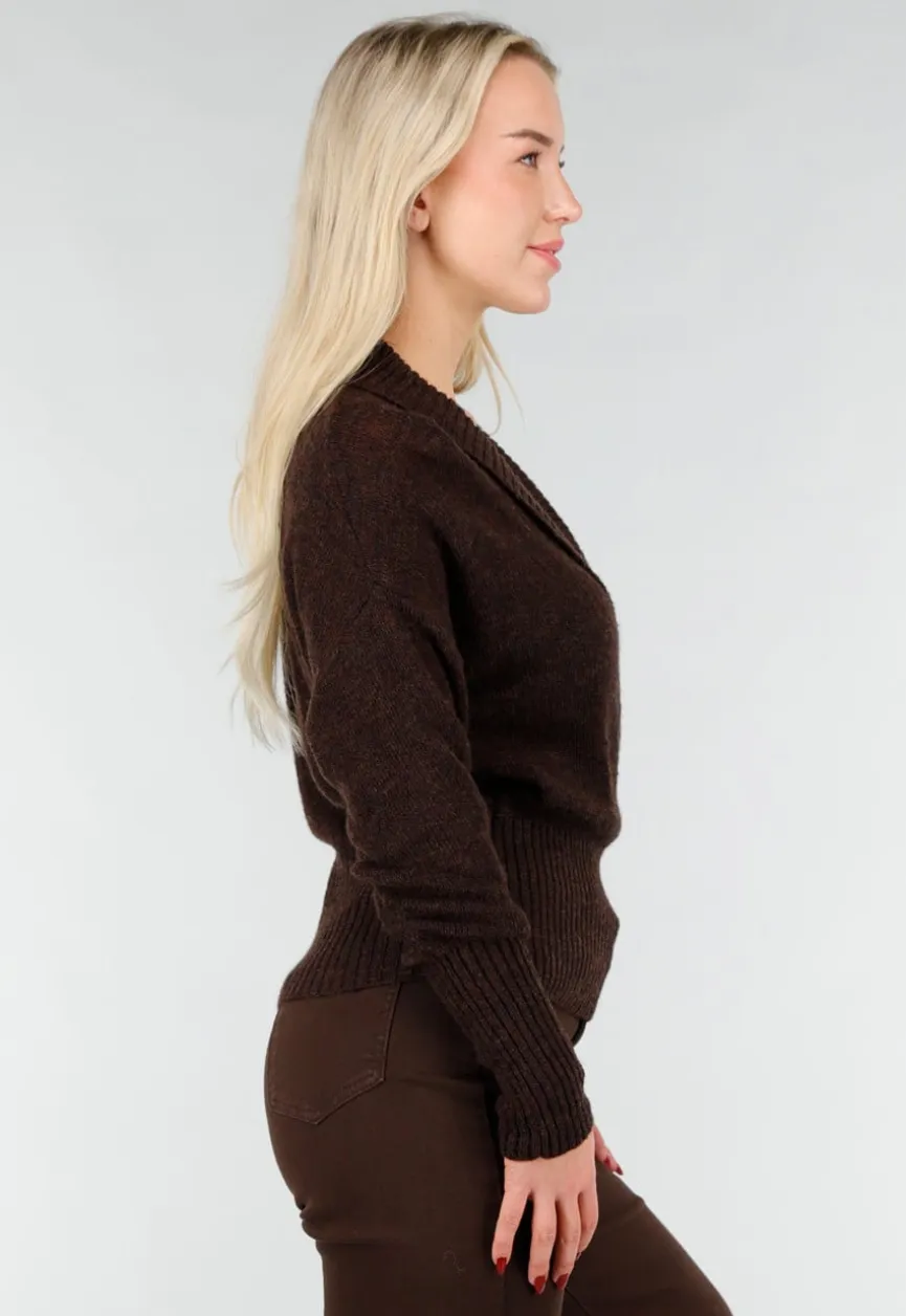 Bruine Gebreide Wrap Trui met Lange Mouwen
