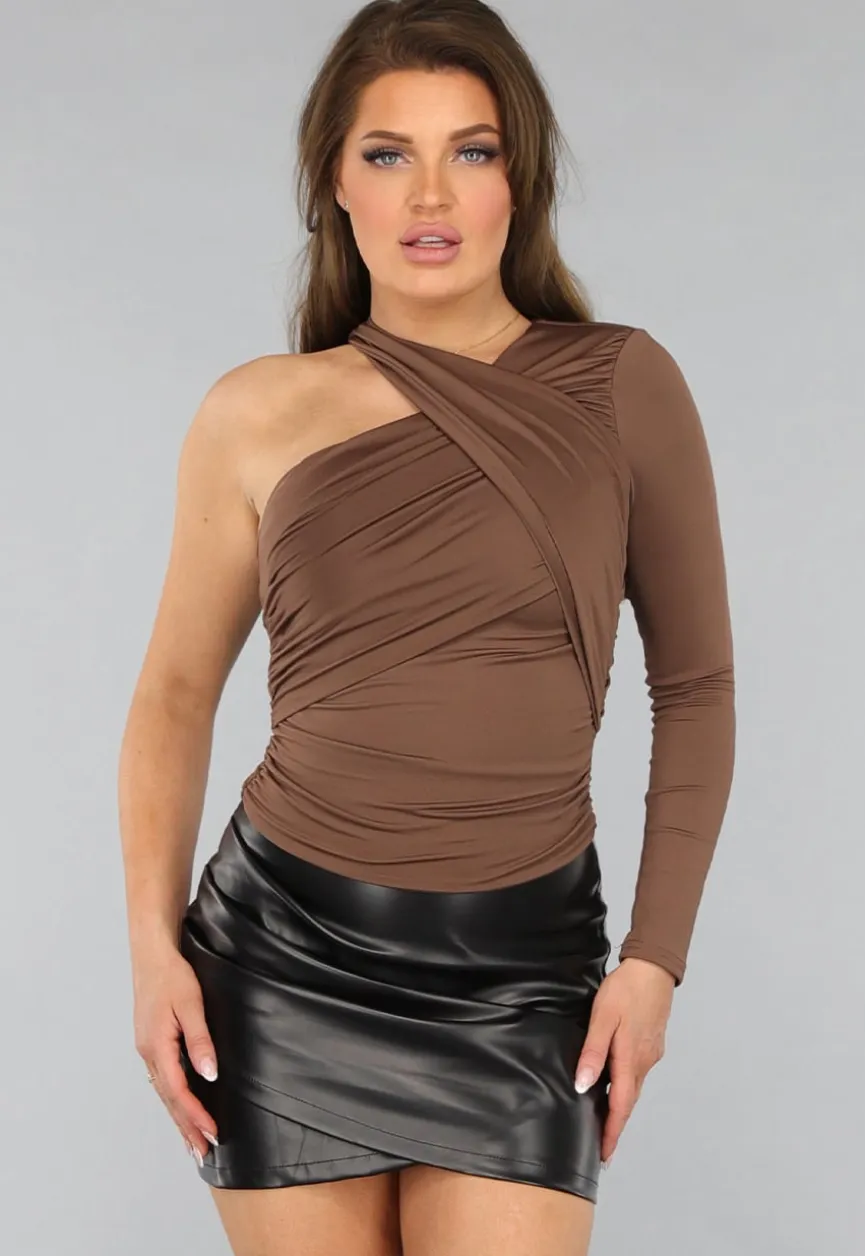 Bruine Geplooide Top met Gekruist Model