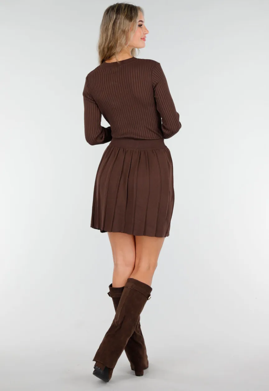 Bruine Geribde Stretch Two Piece Set met Plooirok
