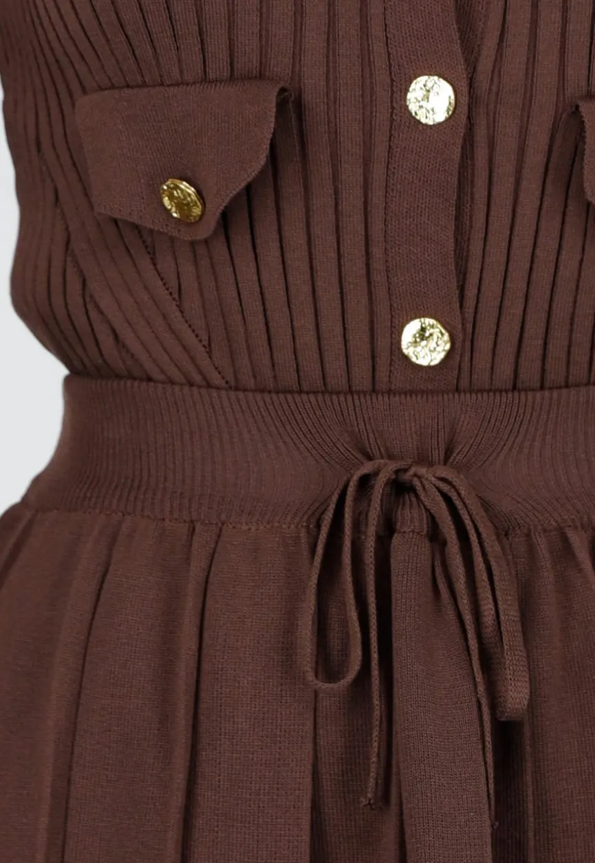 Bruine Geribde Stretch Two Piece Set met Plooirok