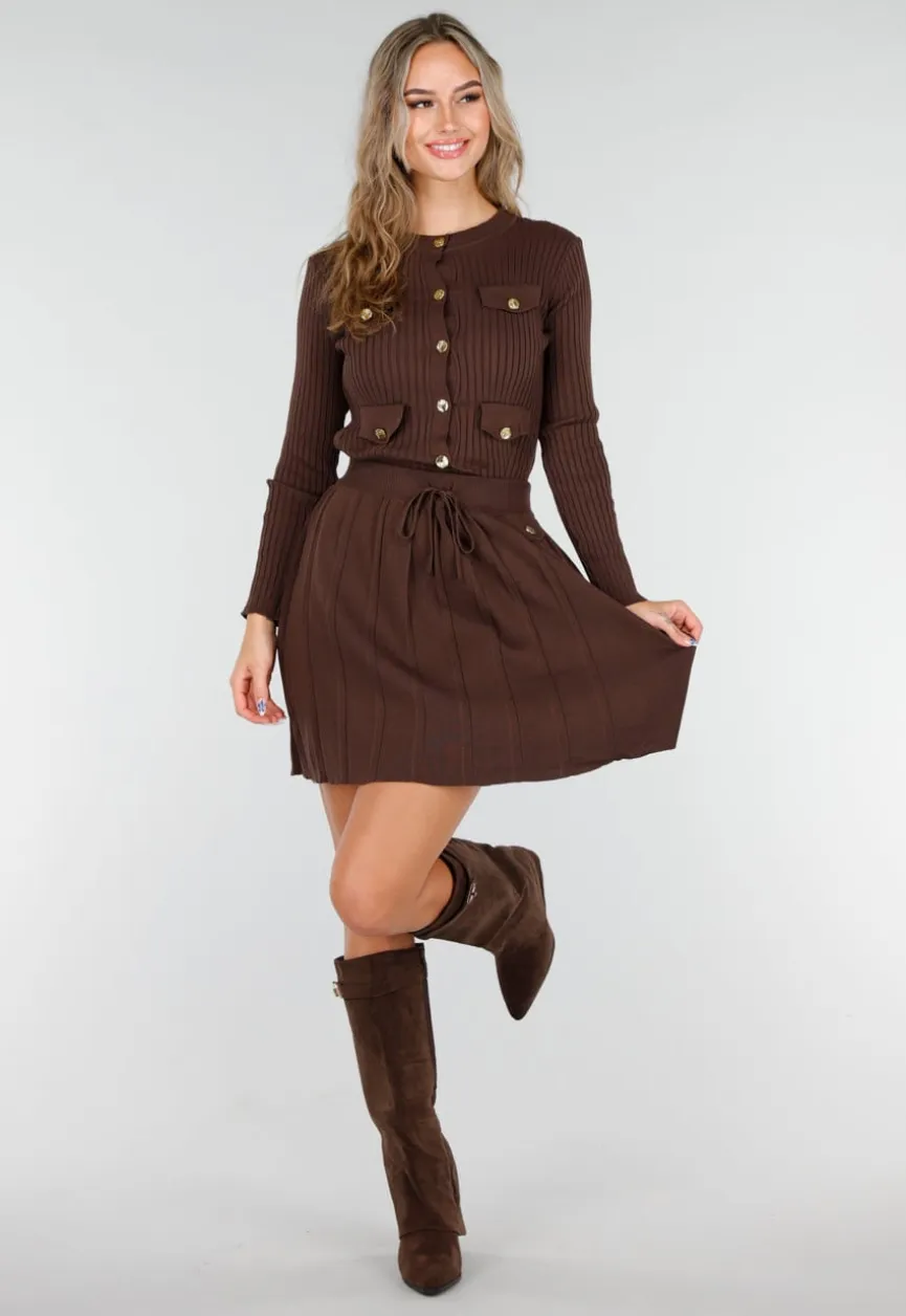 Bruine Geribde Stretch Two Piece Set met Plooirok