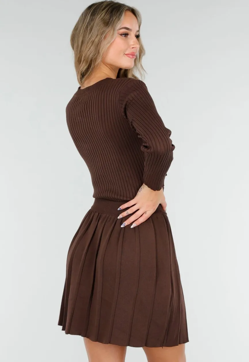 Bruine Geribde Stretch Two Piece Set met Plooirok