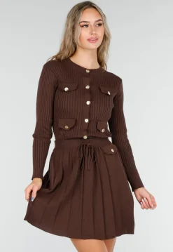 Bruine Geribde Stretch Two Piece Set met Plooirok