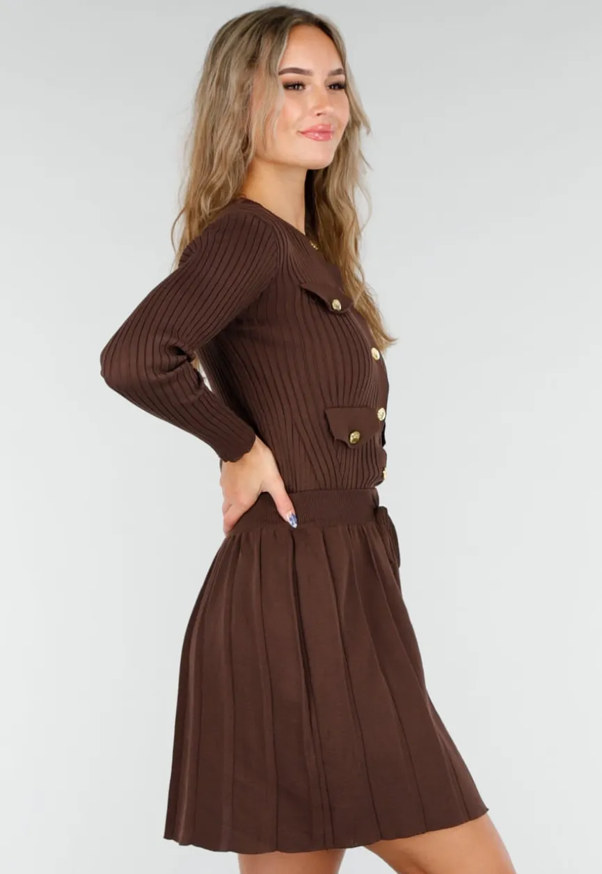 Bruine Geribde Stretch Two Piece Set met Plooirok
