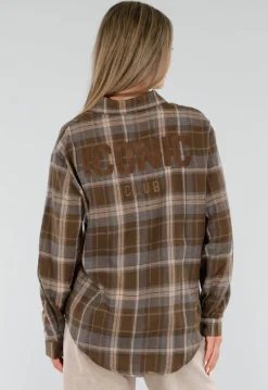 Bruine Geruite Blouse met Lange Mouwen en Iconic Club Tekst