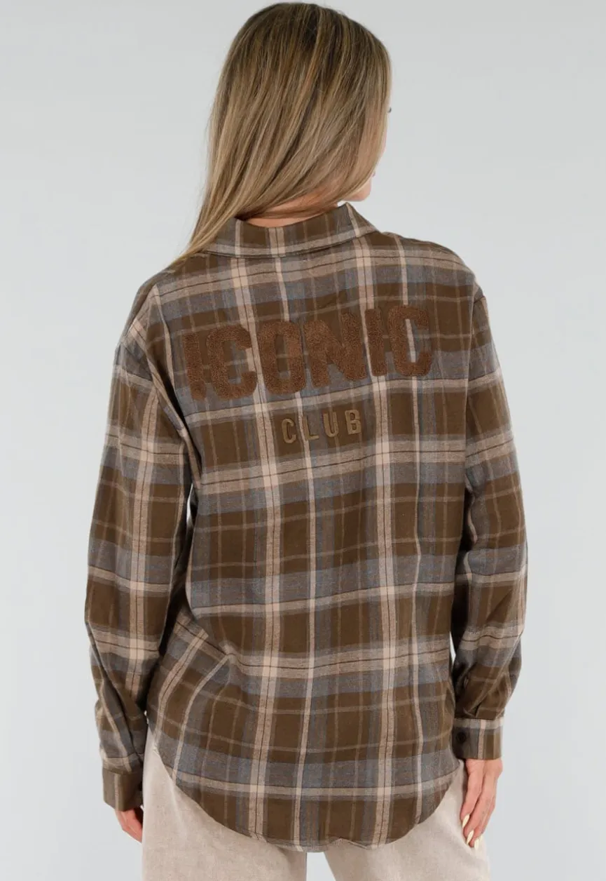 Bruine Geruite Blouse met Lange Mouwen en Iconic Club Tekst