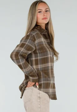 Bruine Geruite Blouse met Lange Mouwen en Iconic Club Tekst