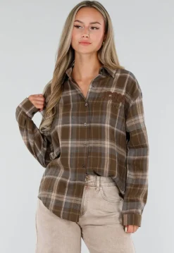 Bruine Geruite Blouse met Lange Mouwen en Iconic Club Tekst