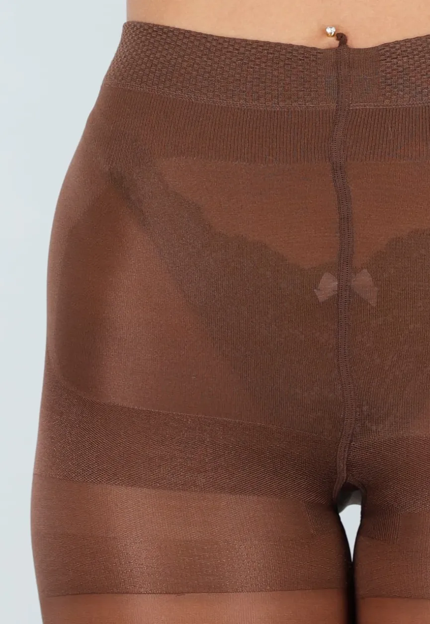 Bruine Glanzende Panty met Hoge Taille en Corrigerend Effect