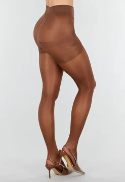 Bruine Glanzende Panty met Hoge Taille en Corrigerend Effect