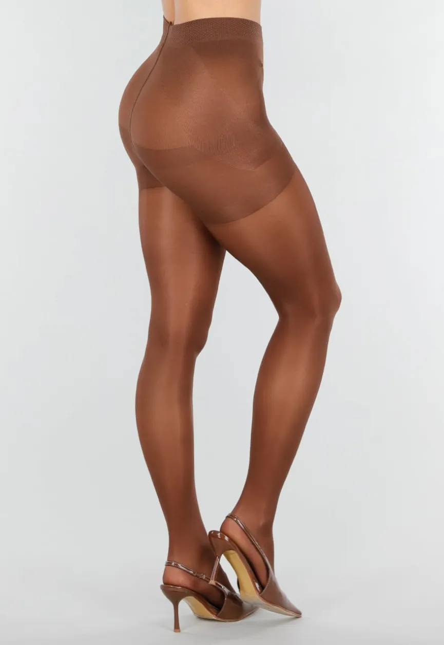Bruine Glanzende Panty met Hoge Taille en Corrigerend Effect