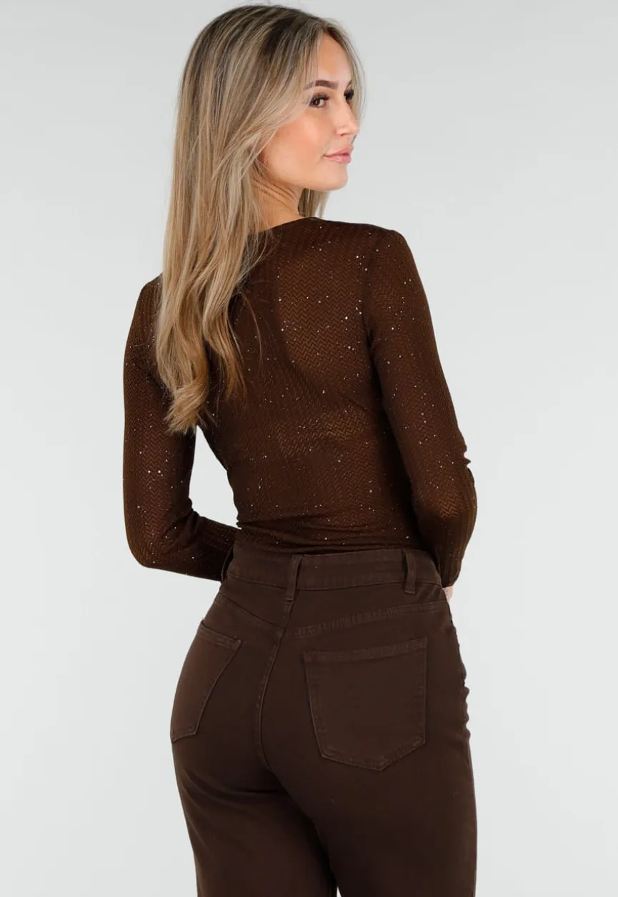 Bruine Glitter Body met Lange Mouwen en V-Hals