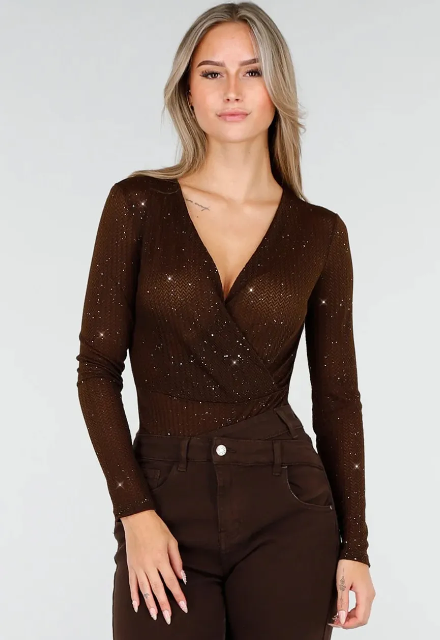 Bruine Glitter Body met Lange Mouwen en V-Hals