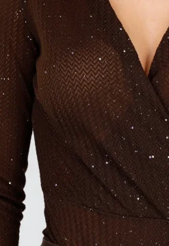 Bruine Glitter Body met Lange Mouwen en V-Hals