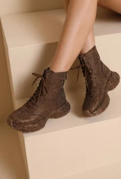 Bruine Glitter Sneakers met Hoge Schacht, Veters en Rits