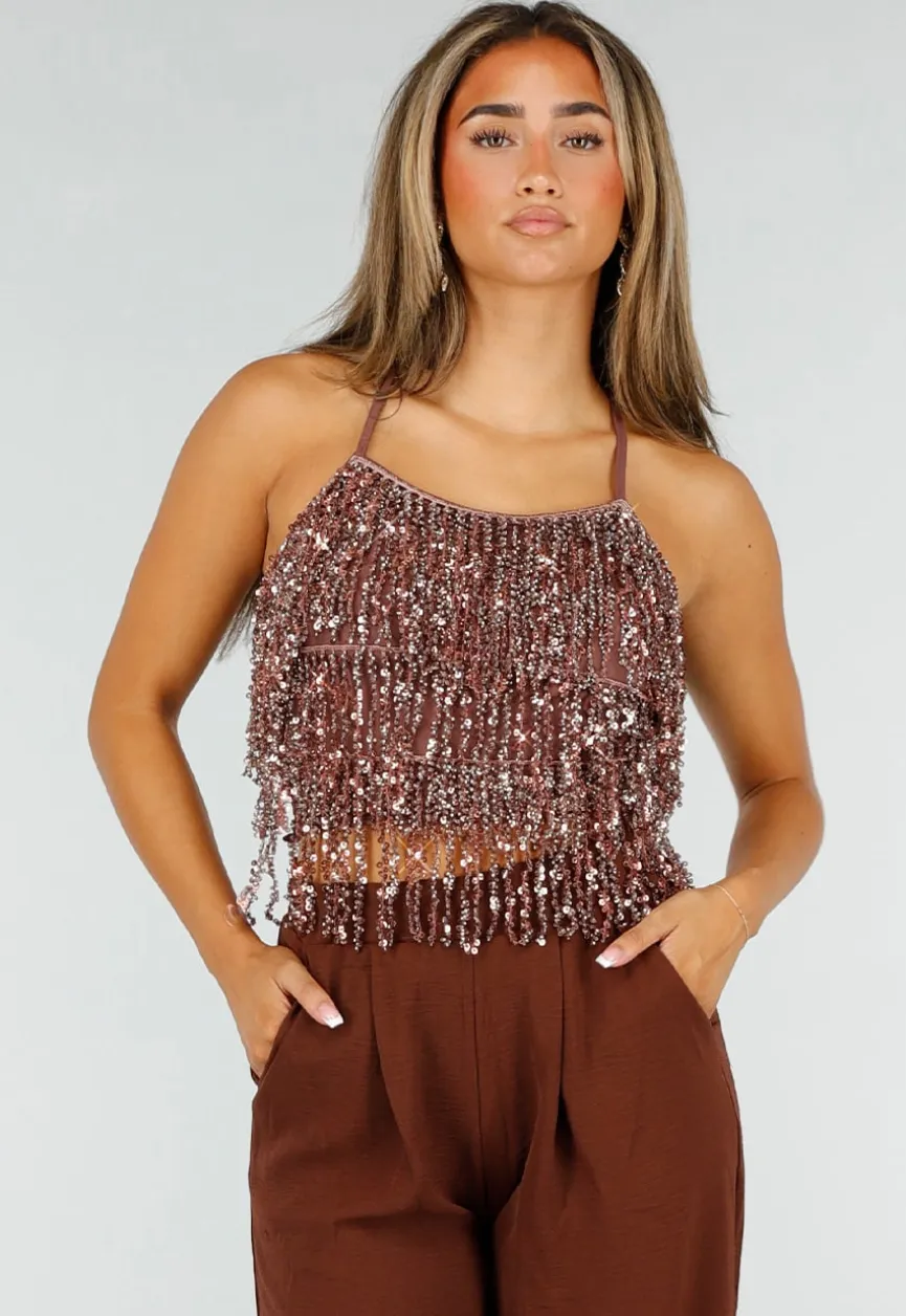 Bruine Glitter Top met Pailletten Franjes en Spaghettibandjes