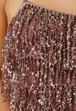 Bruine Glitter Top met Pailletten Franjes en Spaghettibandjes