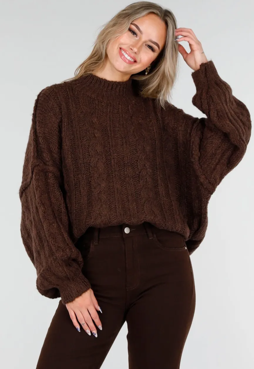 Bruine Grofgebreide Oversized Kabeltrui