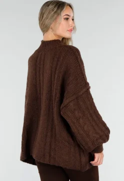 Bruine Grofgebreide Oversized Kabeltrui