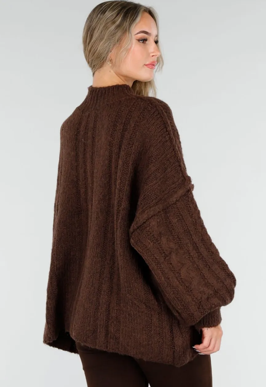 Bruine Grofgebreide Oversized Kabeltrui