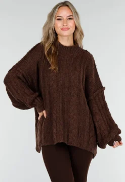 Bruine Grofgebreide Oversized Kabeltrui