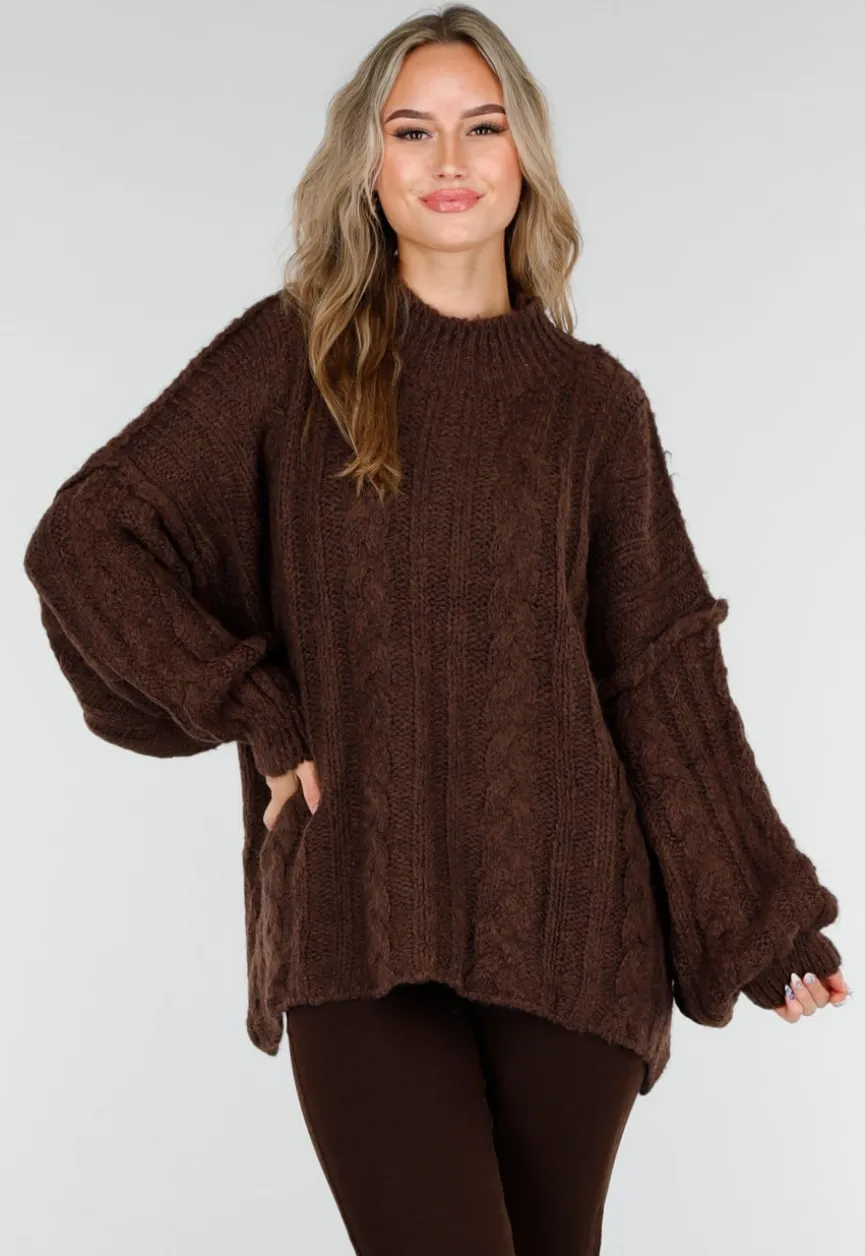 Bruine Grofgebreide Oversized Kabeltrui