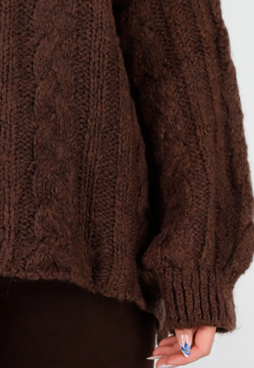 Bruine Grofgebreide Oversized Kabeltrui