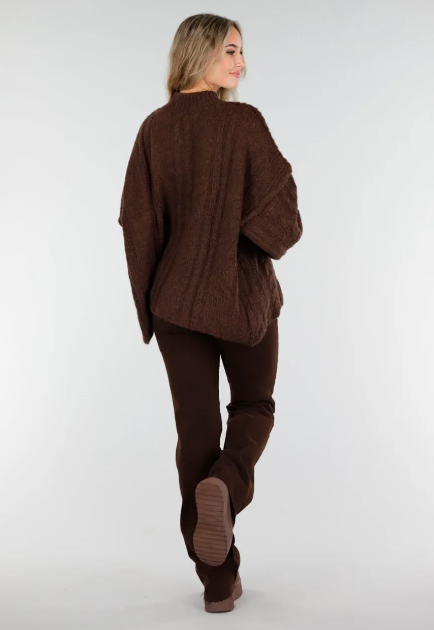 Bruine Grofgebreide Oversized Kabeltrui