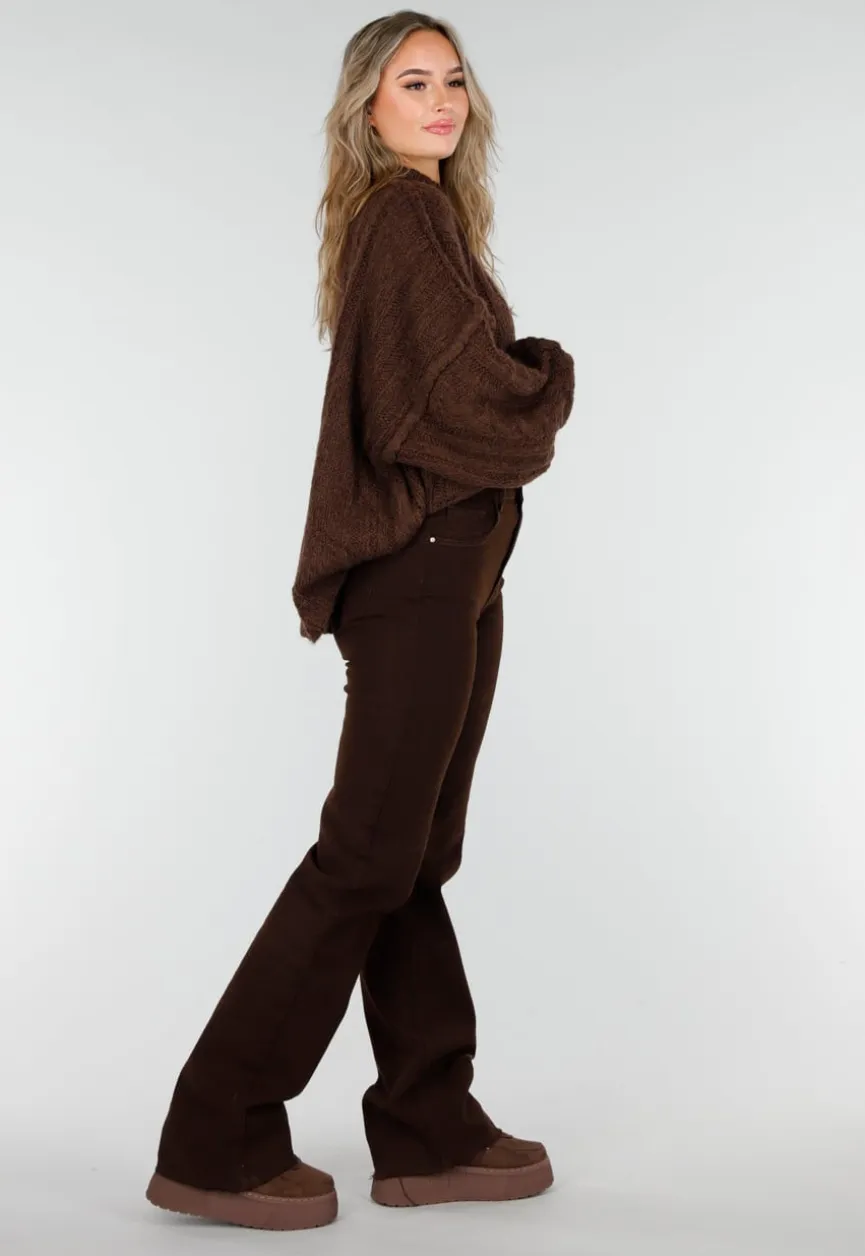 Bruine Grofgebreide Oversized Kabeltrui