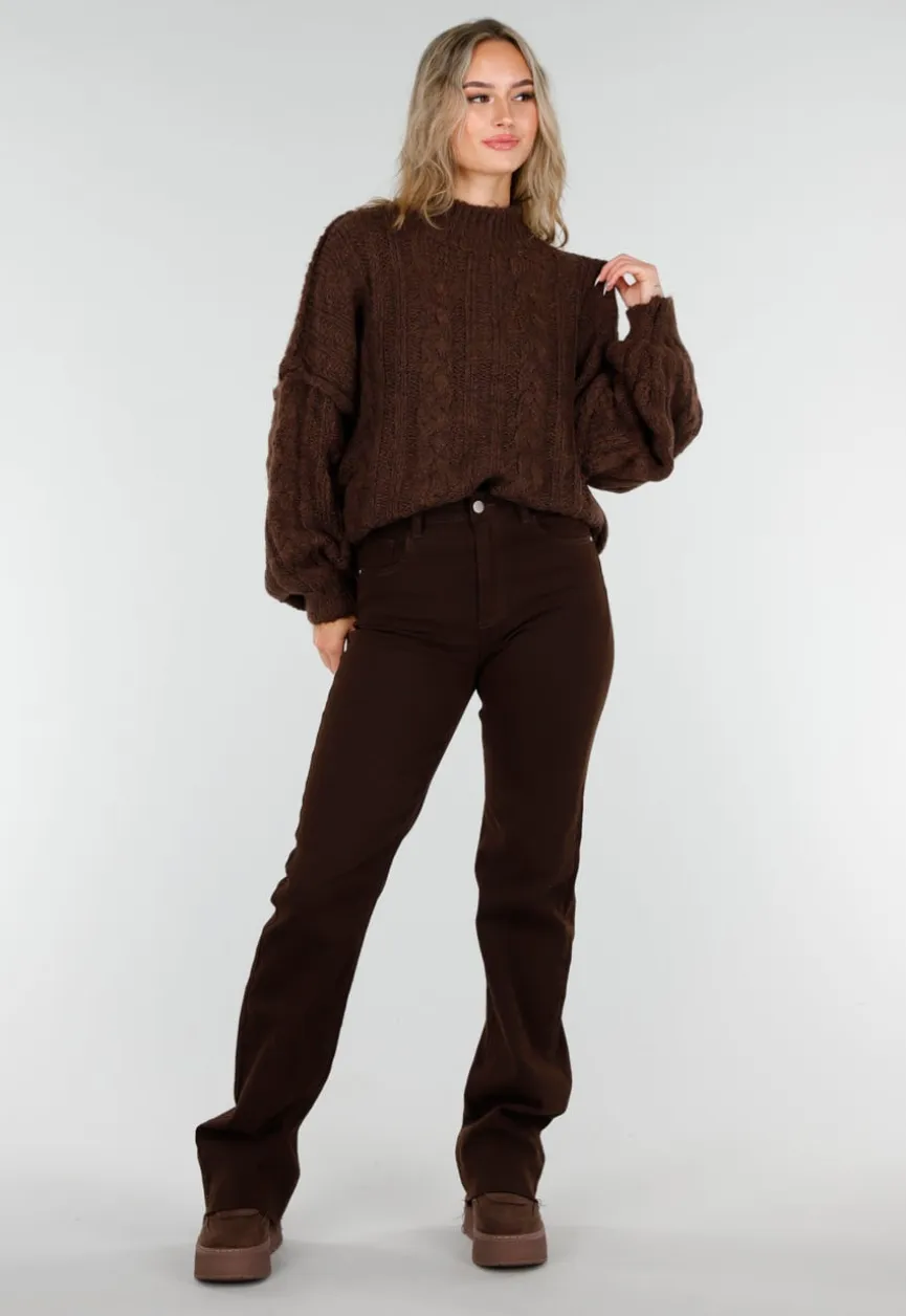 Bruine Grofgebreide Oversized Kabeltrui