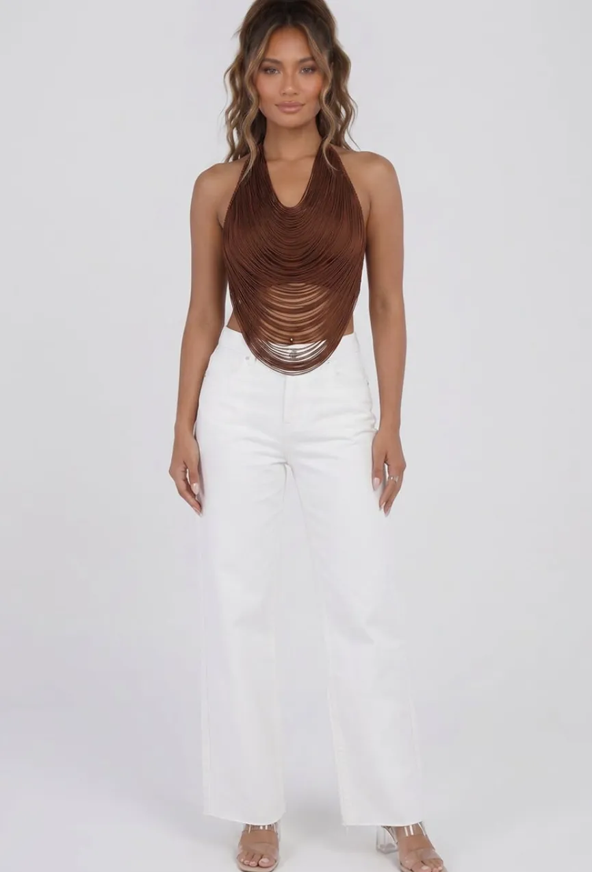 Bruine Halter Franjetop met Padded Ondertop
