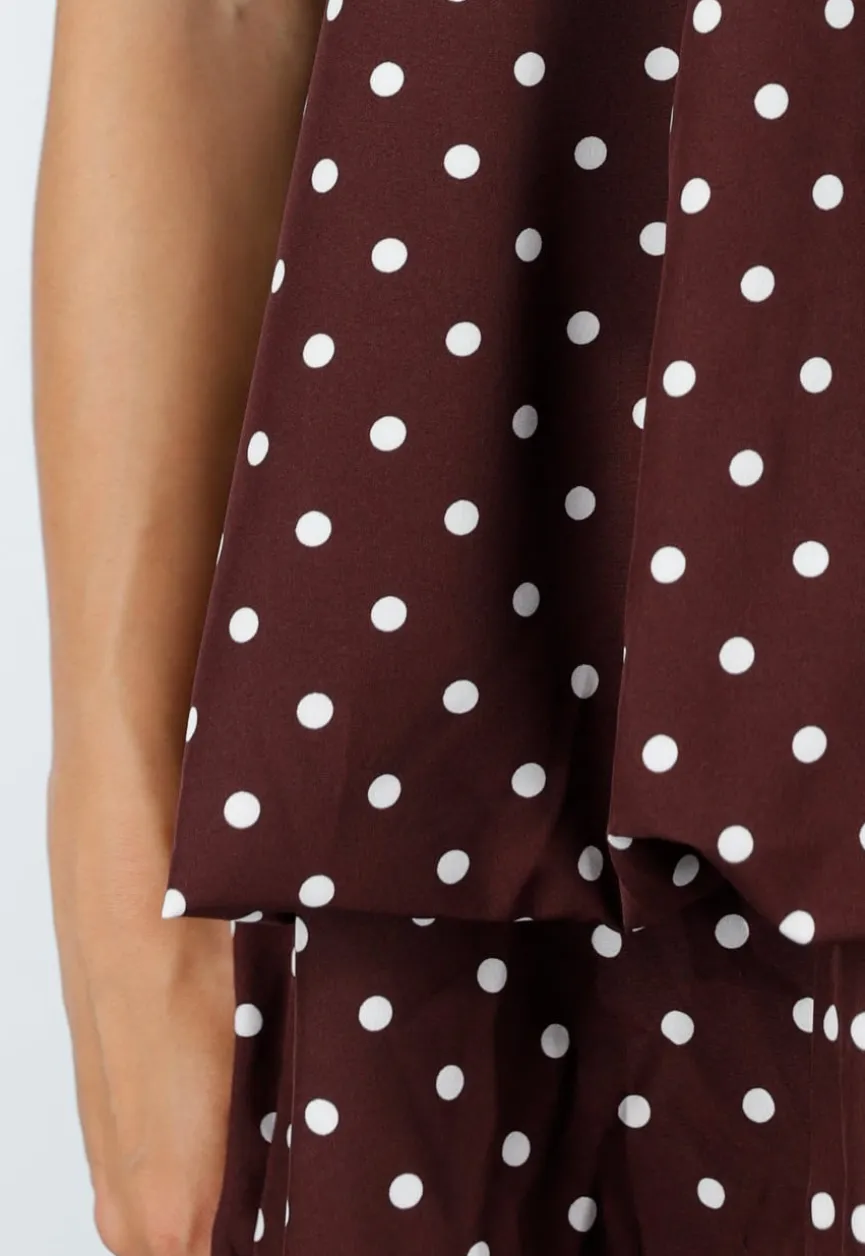 Bruine Halter Jurk met Witte Stippen en Open Rug