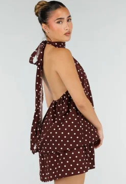 Bruine Halter Jurk met Witte Stippen en Open Rug